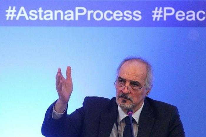 Syria's UN ambassador and head of the government delegation Bashar al-Jaafari gestures as he speaks during a press conference following the second session of Syria peace talks at the Rixos President Hotel in Astana, on February 16, 2017