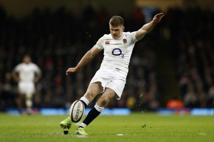 England's centre Owen Farrell kicks a penalty during the Six Nations international rugby union match against Wales February 11, 2017