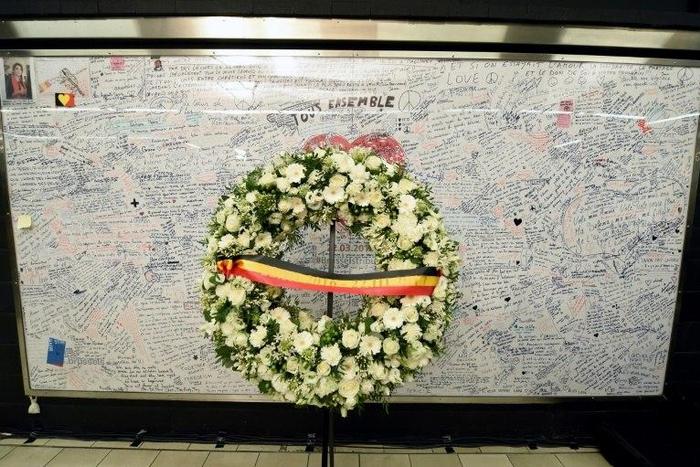 The remembrance wall is pictured before a minute of silence at 09:11 in the Maelbeek - Maalbeek subway station as tribute to the victims of last year terrorist attacks in Brussels, on March 22, 2017