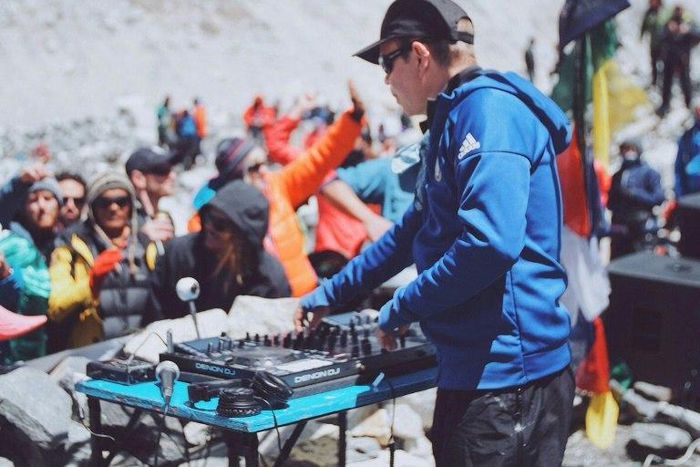 British DJ Paul Oakenfold plays a set to mountaineers and trekkers at Mount Everest base camp on April 11, 2017
