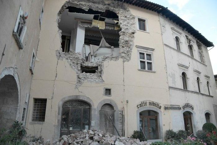 A building in the village of Visso, central Italy, is damaged following twin earthquakes on October 26, 2016