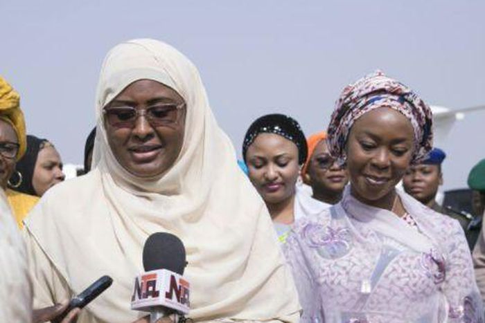 Mrs Toyin Saraki welcomes First Lady, Aisha Buhari at Nnamdi Azikiwe International Airport on February 11, 2017.