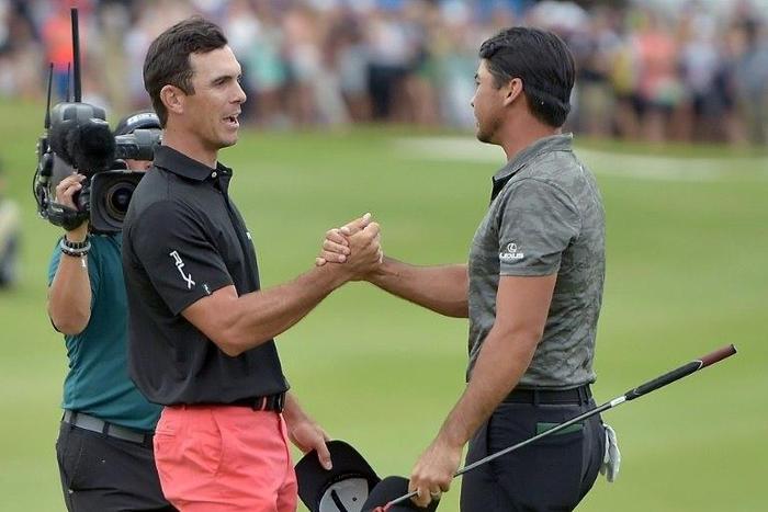 Billy Horschel shakes hands with Jason Day after beating him in a playoff during the Final Round of the Byron Nelson