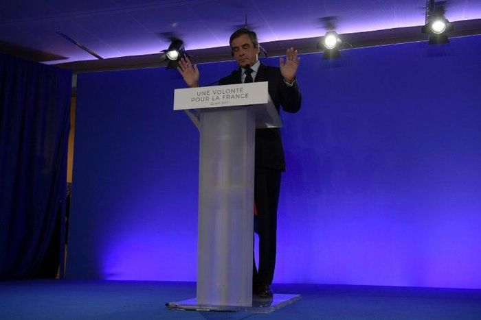 French presidential election candidate for the right-wing Les Republicains party Francois Fillon delivers a speech at his campaign headquarters in Paris, on April 23, 2017