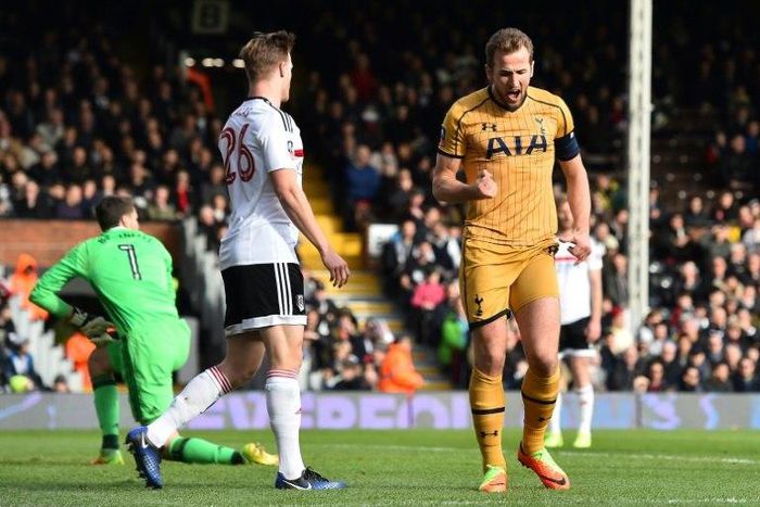 Tottenham Hotspur's Harry Kane (right) celebrates after scoring against Fulham in their FA Cup fifth-round match at Craven Cottage in west London, on February 19, 2017