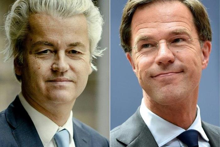 Geert Wilders (L), leader of the Freedom Party (PVV), clashed in a head-to-head debate with Prime Minister Mark Rutte on the eve of a highly watched election