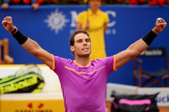 Spanish tennis player Rafael Nadal celebrates his 6-3, 6-4 victory over Argentinian tennis player Horacio Zeballos during the ATP Barcelona Open "Conde de Godo" tennis tournament in Barcelona on April 29, 2017