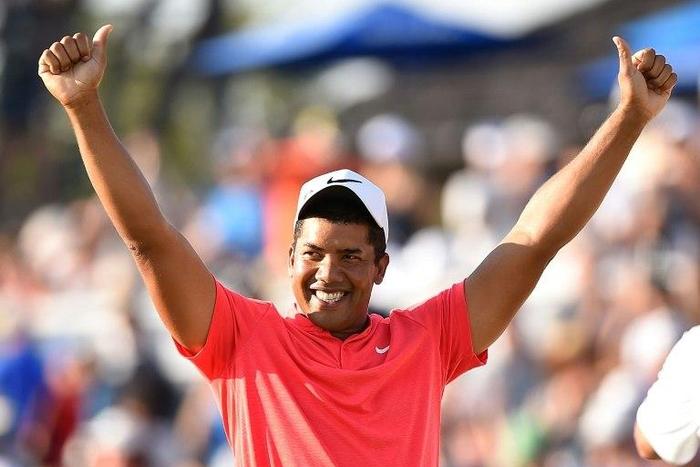 Jhonattan Vegas of Venezuela reacts to his winning putt at the Canadian Open on July 30, 2017
