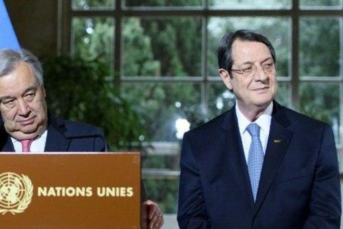UN Secretary-General Antonio Guterres (C) next to Turkish Cypriot leader Mustafa Akinci (L) and Greek Cypriot President Nicos Anastasiades (R) listen to questions following the UN-sponsored Cyprus peace talks on January 12, 2017 in Geneva