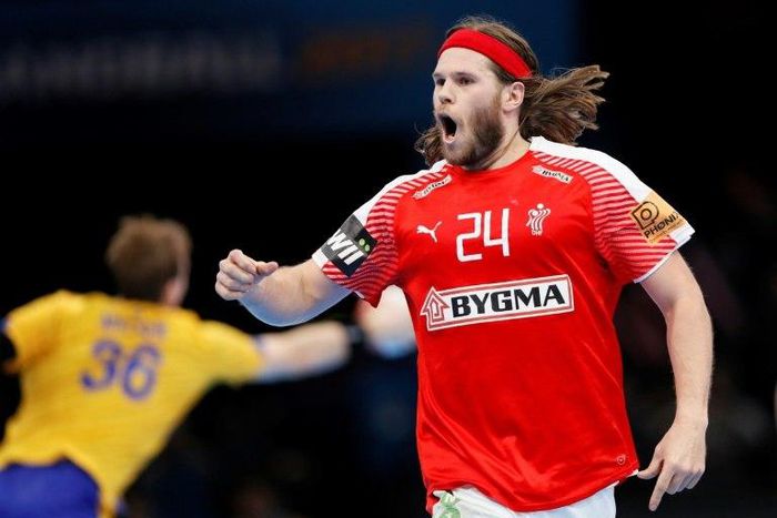 Denmark's left back Mikkel Hansen celebrates after scoring a goal on January 16, 2017