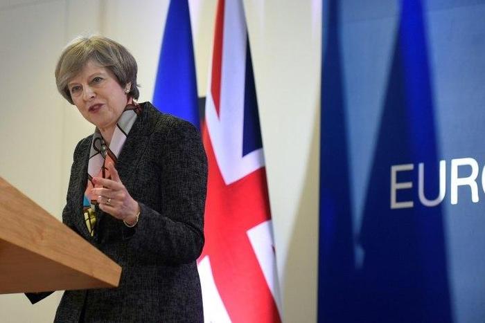 British Prime Minister Theresa May holds a press conference during a European Summit at the EU headquarters in Brussels on March 9, 2017