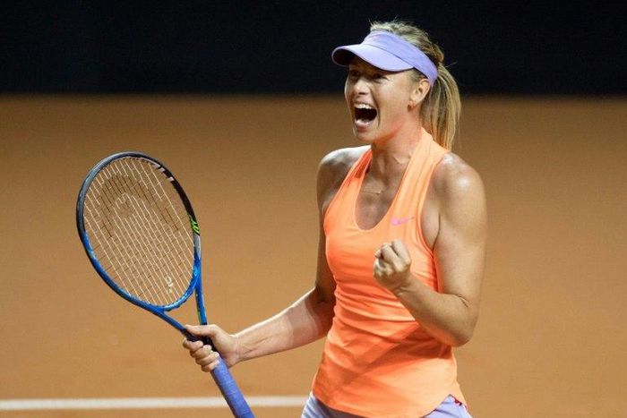 Russia's Maria Sharapova celebrates after defeating Russia's Ekaterina Makarova in their second round match at the WTA Porsche Tennis Grand Prix in Stuttgart, southwestern Germany, on April 27, 2017