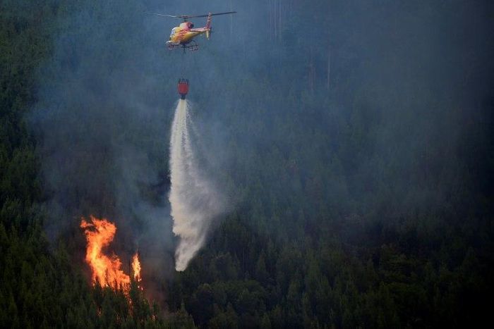 A helicopter drops water over a wildfire in Carvalho, next to Pampilhosa da Serra. The huge forest fire that erupted in central Portugal Saturday has killed at least 64 people and injured more than 100