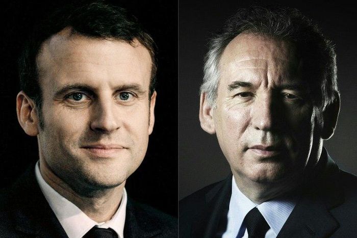 The leader of France's MoDem centrist party Francois Bayrou (R) and "En Marche" party presidential candidate Emmanuel Macron (L) announce an alliance