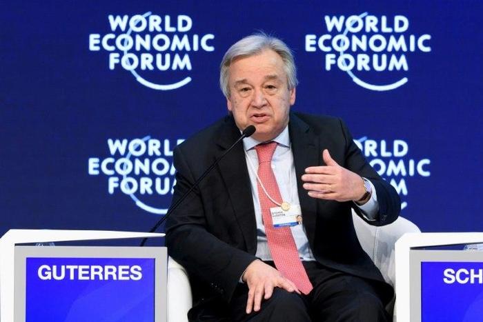 UN Secretary General Antonio Guterres delivers a speech during a session of the World Economic Forum, on January 19, 2017 in Davos