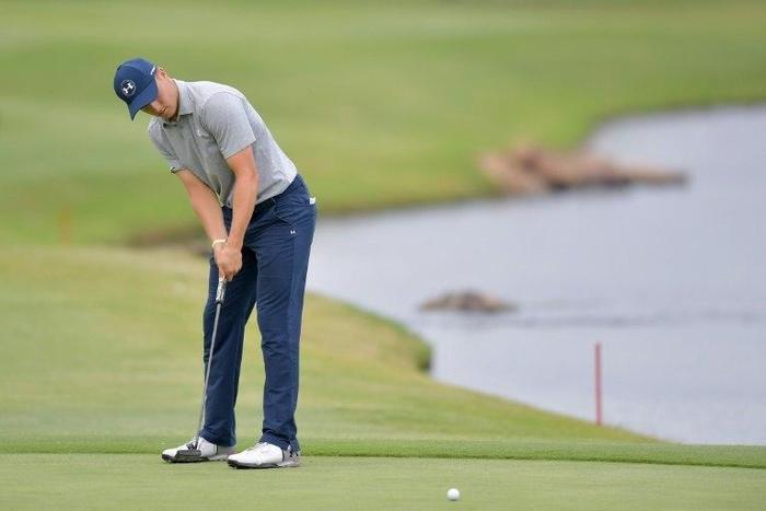 Jordan Spieth putts on on the 18th green during Round Two of the AT&T Byron Nelson at the TPC Four Seasons Resort Las Colinas on May 19, 2017