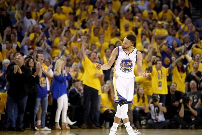 Stephen Curry of the Golden State Warriors reacts after a play against the Cleveland Cavaliers in Game 5 of the 2017 NBA Finals at ORACLE Arena on June 12, 2017
