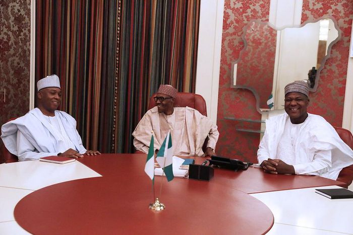 President Muhammadu Buhari meets with Senate President, Bukola Saraki and House of Representatives Speaker, Yakubu Dogara at the Presidential Villa on Tuesday, March 14, 2017.