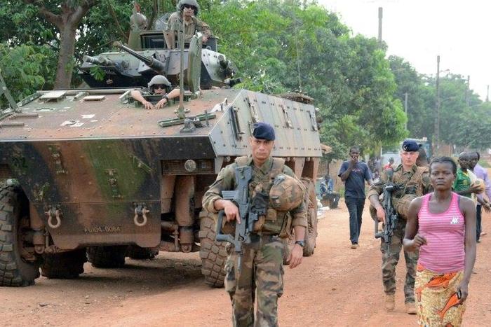 French soldiers patrol a street in Bangui, the capital of the Central African Republic