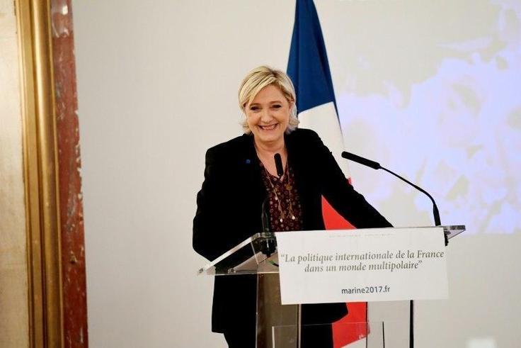 French presidential election candidate for the far-right Front National (FN) party Marine Le Pen delivers a speech focused on "France's international politics in a multipolar world" in Paris, on February 23, 2017