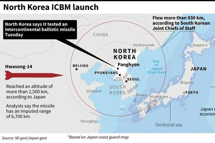 Updated map showing the site of a North Korean missile launch Tuesday, according to South Korean military.