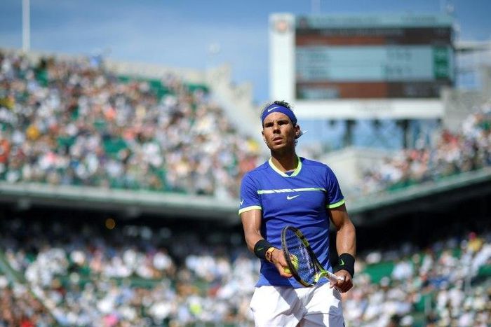Spain's Rafael Nadal looks on during his tennis match against Netherlands' Robin Haase at the Roland Garros 2017 French Open on May 31, 2017 in Paris