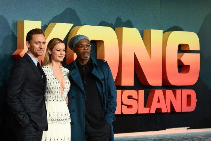(From L) Actors Tom Hiddleston, Brie Larson and Samuel L. Jackson pose upon arrival at the European premiere of 'Kong: Skull Island', in London, on February 28, 2017