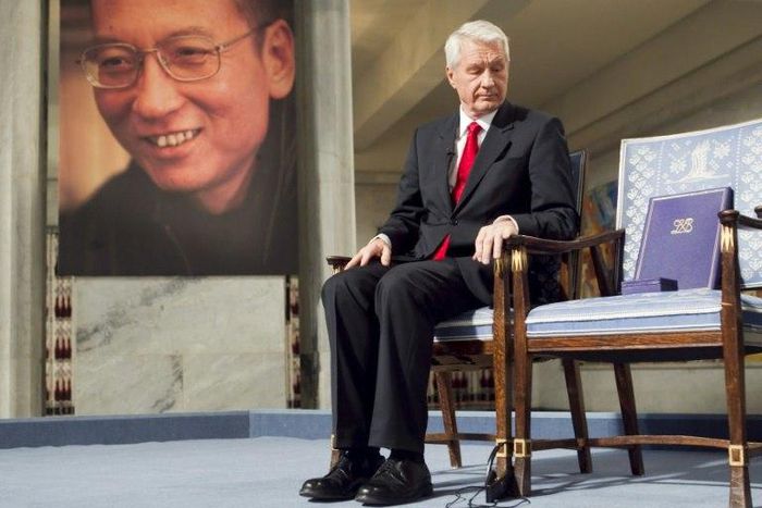 Nobel committee member Thorbjorn Jagland placed Liu Xiaobo's Nobel Peace Prize on an empty chair during the 2010 awards ceremony in Oslo