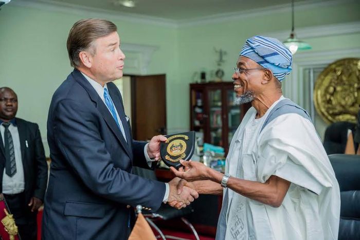 Courtesy Call by American Ambassador to Nigeria, Amb. Stuart W. Symington to Governor Rauf Aregbesola, at the Bola Ige House, Abere, Osogbo, State of Osun. Ambassador Symington was accompanied by his son, Stuart Symington and two of his aides on Tuesda...