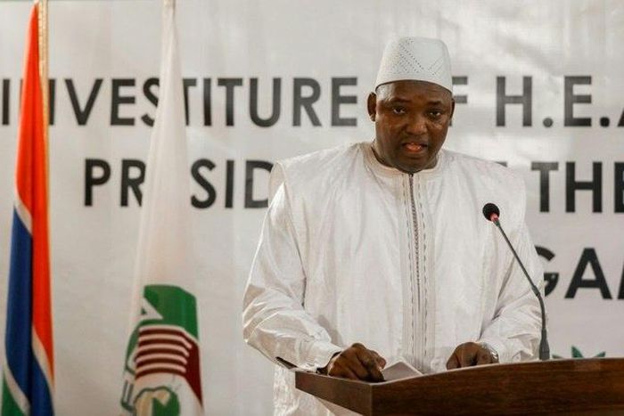 Adama Barrow speaking during his swearing in as president of Gambia at the Gambian embassy in Dakar on January 19, 2017
