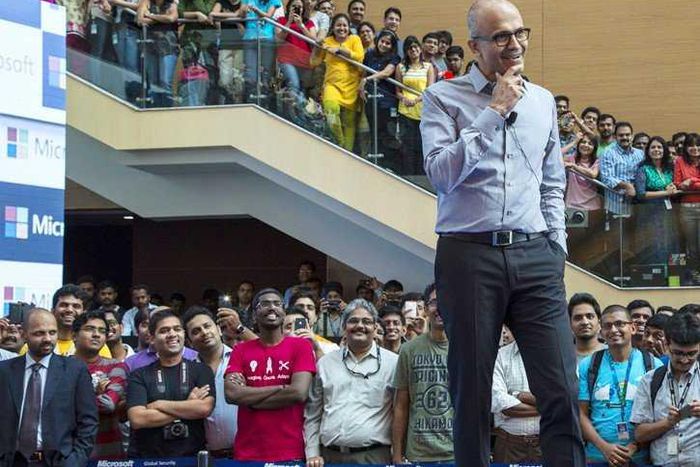 Microsoft CEO Satya Nadella talks to the troops.
