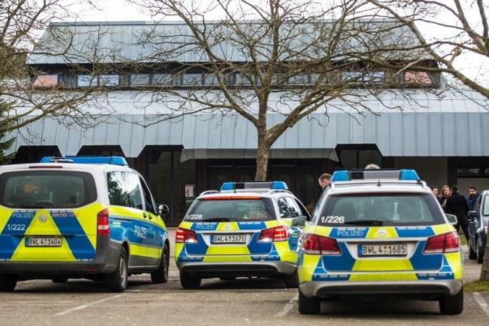 Police cars block a hall in Gaggenau, western Germany after local authorities dropped permission for a rally at which Turkey's justice minister was to speak