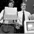 Apple Co-founders Steve Jobs (left) and Steve Wozniack (far right) at the Apple IIc launch on April 24, 1984.