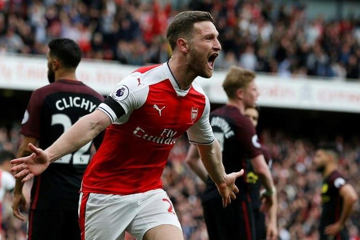 Arsenal's defender Shkodran Mustafi celebrates after scoring on April 2, 2017