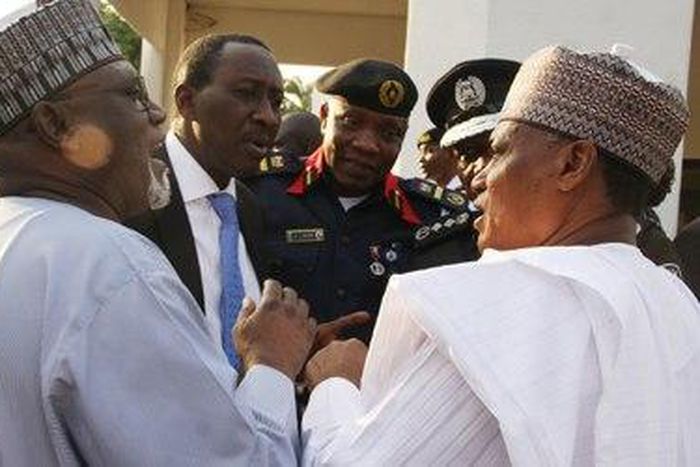 Director General DSS ALHAJI Lawal Daura (left); National Securkty Adviser, Major General Babagana Monguno (Rtd) (2nd left); DCG, Civil Defence, Mr. MS Mohammed (3rd left); the Inspector General of Police, Mr. Idris Lawal (2nd right), and the Defemce Mi...