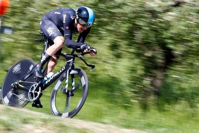 British cyclist Geraint Thomas from Team Sky rides during the 10th stage, an individual time-trial between Foligno and Montefalco during the 100th Giro d'Italia, Tour of Italy on May 16, 2017 in Montefalco