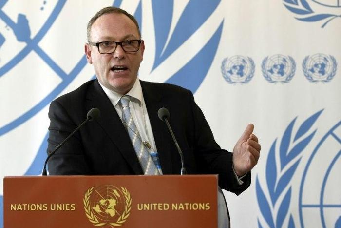 Special Rapporteur on human rights and counter-terrorism for the Office of the United Nations High Commissioner for Human Rights Ben Emmerson speaks at a press conference at the European headquarters of the United Nations in Geneva, on March 3, 2017