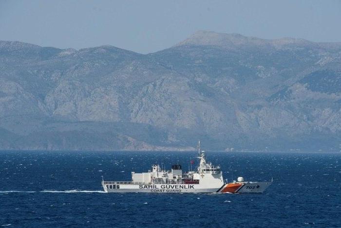 A Turkish coast guard ship patrols on the Aegean Sea, off the Turkish coast