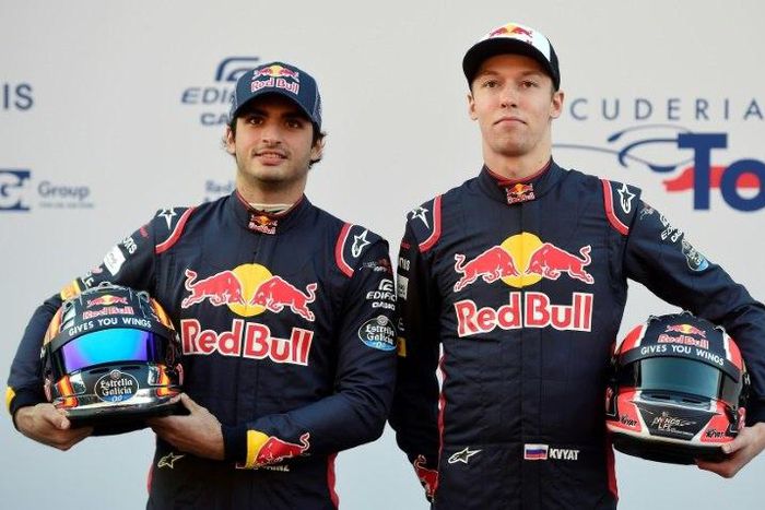 Toro Rosso's driver Daniil Kvyat (R), pictured in February 2017, has accused his teammate Carlos Sainz (L) of getting in the way and causing a collision during the British Grand Prix, and has warned Sainz to steer clear