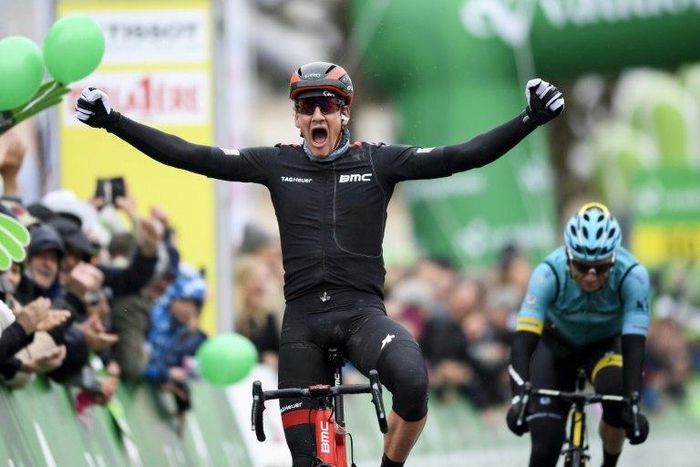 Swiss Stefan Kung celebrates after winning the second stage of the Tour of Romandie
