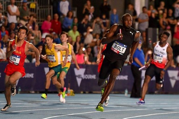 Bolt All Stars captain Usain Bolt of Jamaica competes in the mixed 4 x 100 metre relay during the Nitro Athletics meet in Melbourne on February 9, 2017