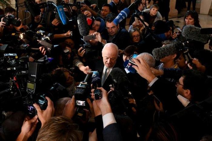 UN envoy for Syria Staffan de Mistura speaks to the media during the peace talks between the government and opposition at Astana's Rixos President Hotel on January 24, 2017