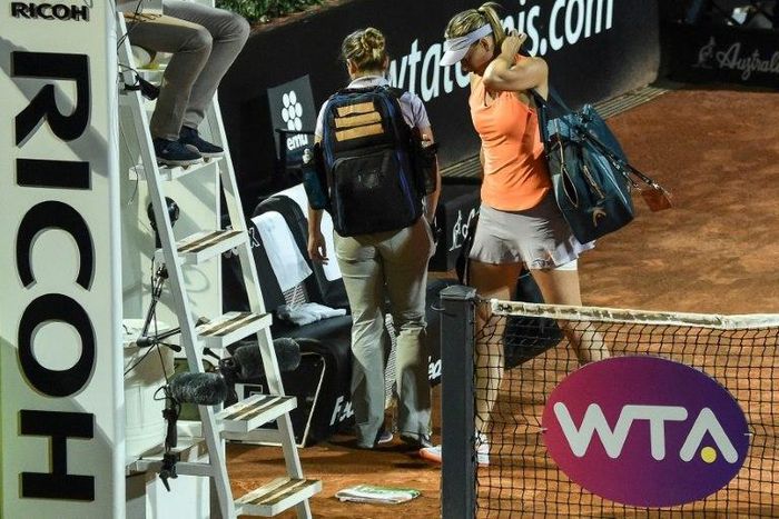 Russia's Maria Sharapova leaves the court during her match against Mirjana Lucic-Baroni of Croatia at the Rome ATP Tennis Open tournament on May 16, 2017 at the Foro Italico in Rome
