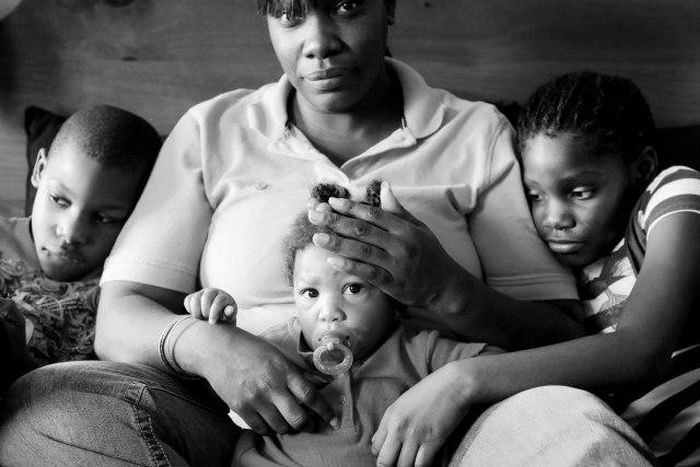 Sad mother and her kids