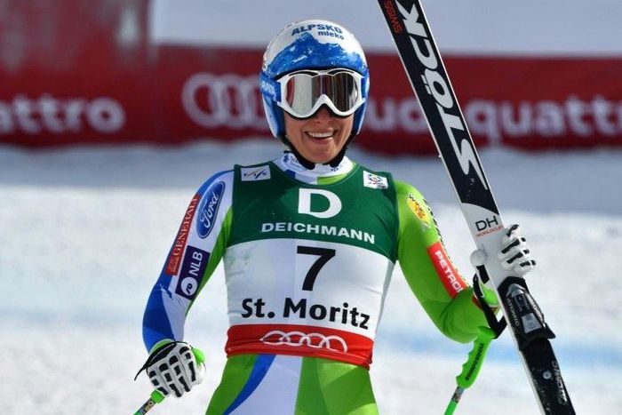 Slovenia's Ilka Stuhec reacts in the finish area of the women's downhill race at the 2017 FIS Alpine World Ski Championships in St Moritz on February 12, 2017