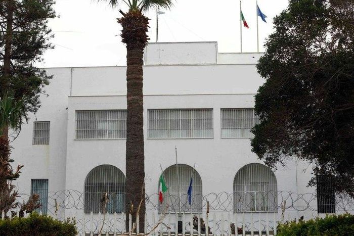 A picture taken on February 15, 2015 shows the Italian Embassy in Tripoli, Libya, near where two people were killed in a car explosion January 21, 2017