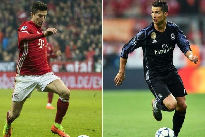 Bayern Munich's Robert Lewandowski (L) running with the ball during the UEFA Champions League match against Arsenal, on February 15, 2017 and Real Madrid's Cristiano Ronaldo controlling the ball during the UEFA Champions League match against Bayern Mun...