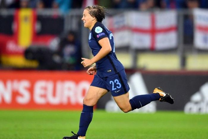 England's forward Fran Kirby celebrates after scoring a goal on July 23, 2017