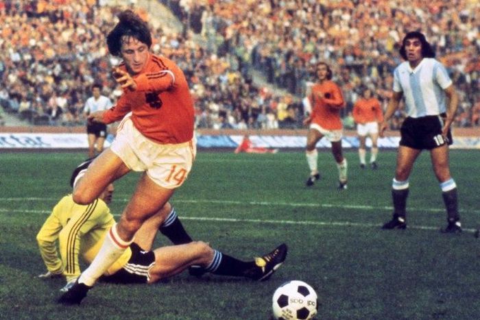Dutch midfielder and football legend Johann Cruyff, pictured in 1974 during the World Cup quarter-final against Argentina, which the Netherlands won 4-0