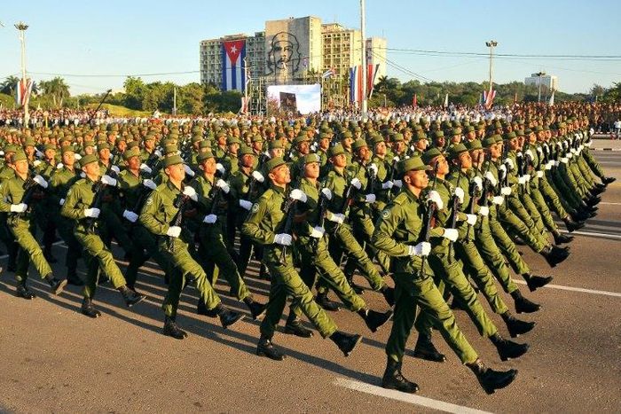 Cuban troops participate in a military parade in honor of recently deceased revolutionary leader Fidel Castro, at Revolution Square in Havana, on January 2, 2017